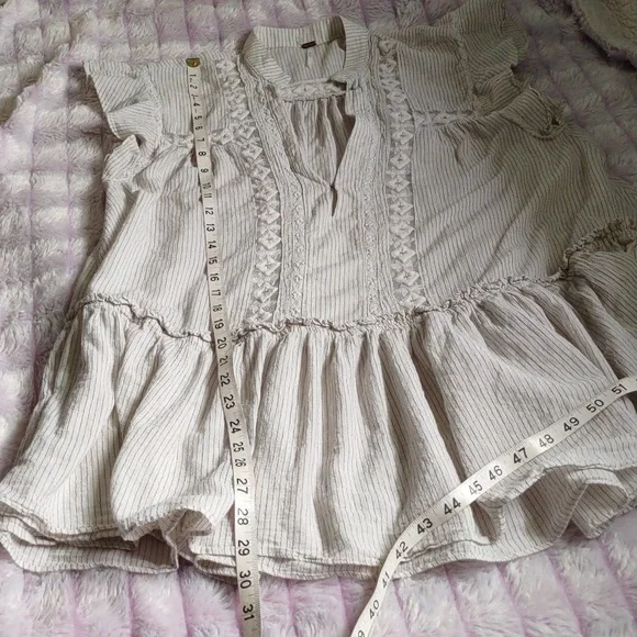 Free People Baby Blues Cream Ruffle Cap Sleeves Stripes Lace Baby Doll Tunic S - Picture 6 of 9